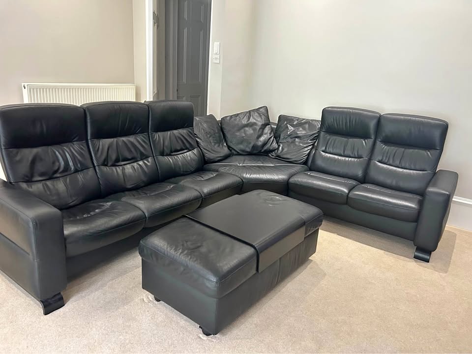 Black Ekornes Stressless Leather Corner Sofa + Ottoman (PTP)