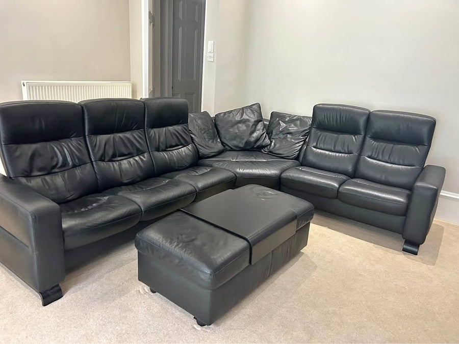 Black Ekornes Stressless Leather Corner Sofa + Ottoman (PTP)