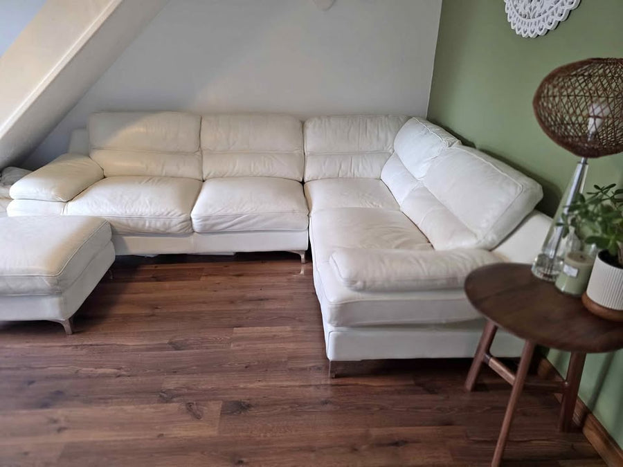 White Lush Leather Corner Sofa + Footstool (PTP)
