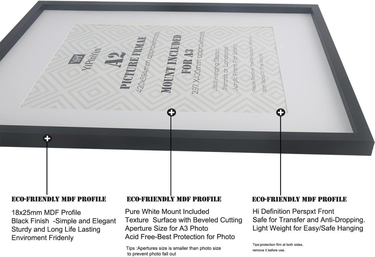 A2 Black Picture Frames Set of 3 with Mount for A3 Poster Wall Frame - Kwikley