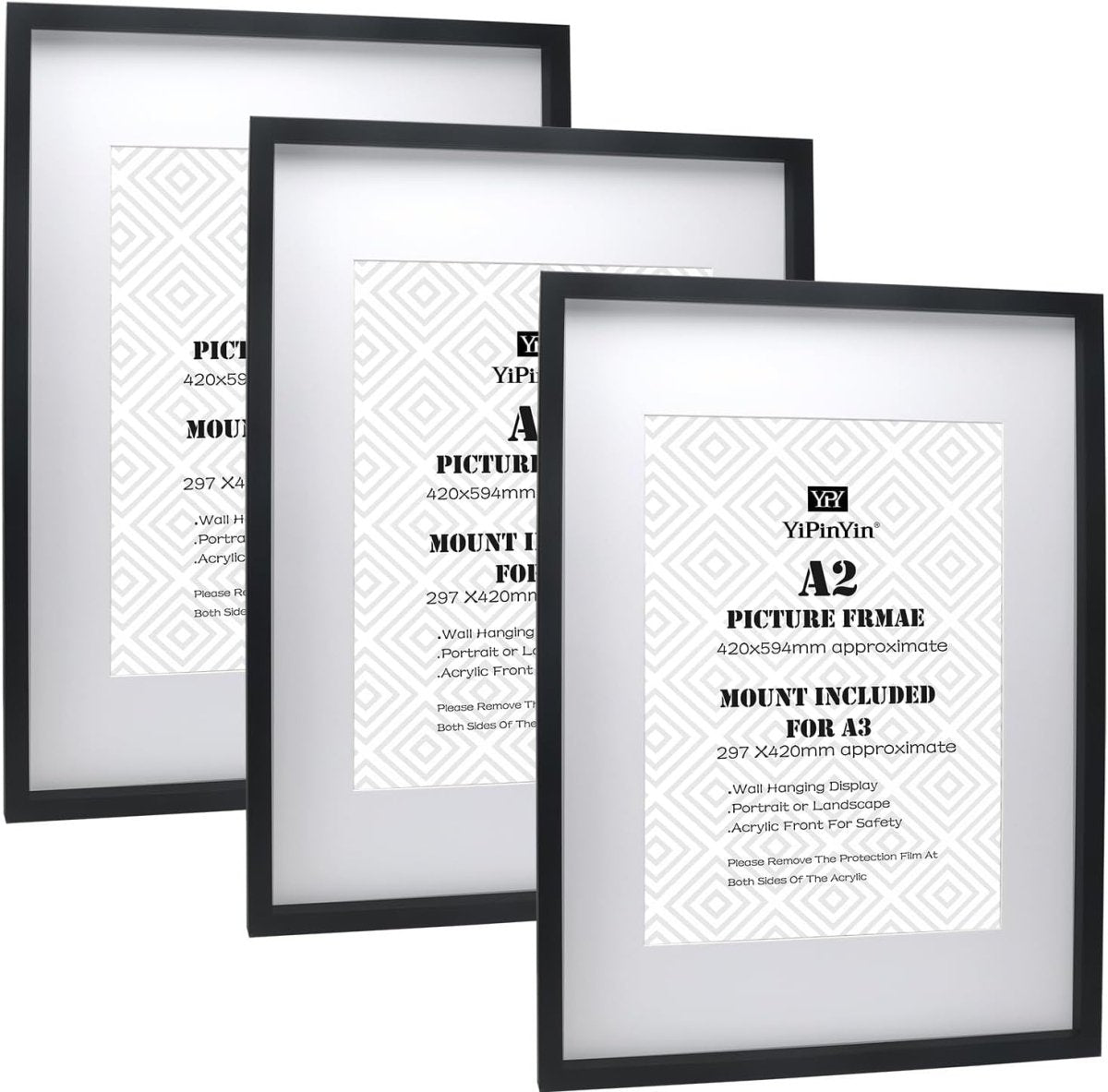 A2 Black Picture Frames Set of 3 with Mount for A3 Poster Wall Frame - Kwikley