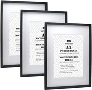 A2 Black Picture Frames Set of 3 with Mount for A3 Poster Wall Frame - Kwikley