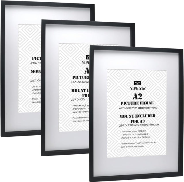 A2 Black Picture Frames Set of 3 with Mount for A3 Poster Wall Frame