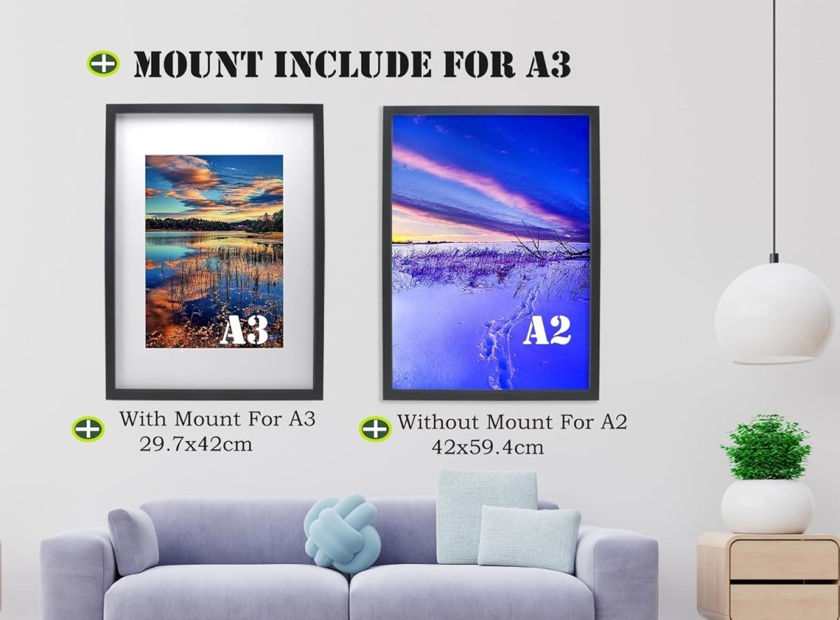 A2 Black Picture Frames Set of 3 with Mount for A3 Poster Wall Frame - Kwikley