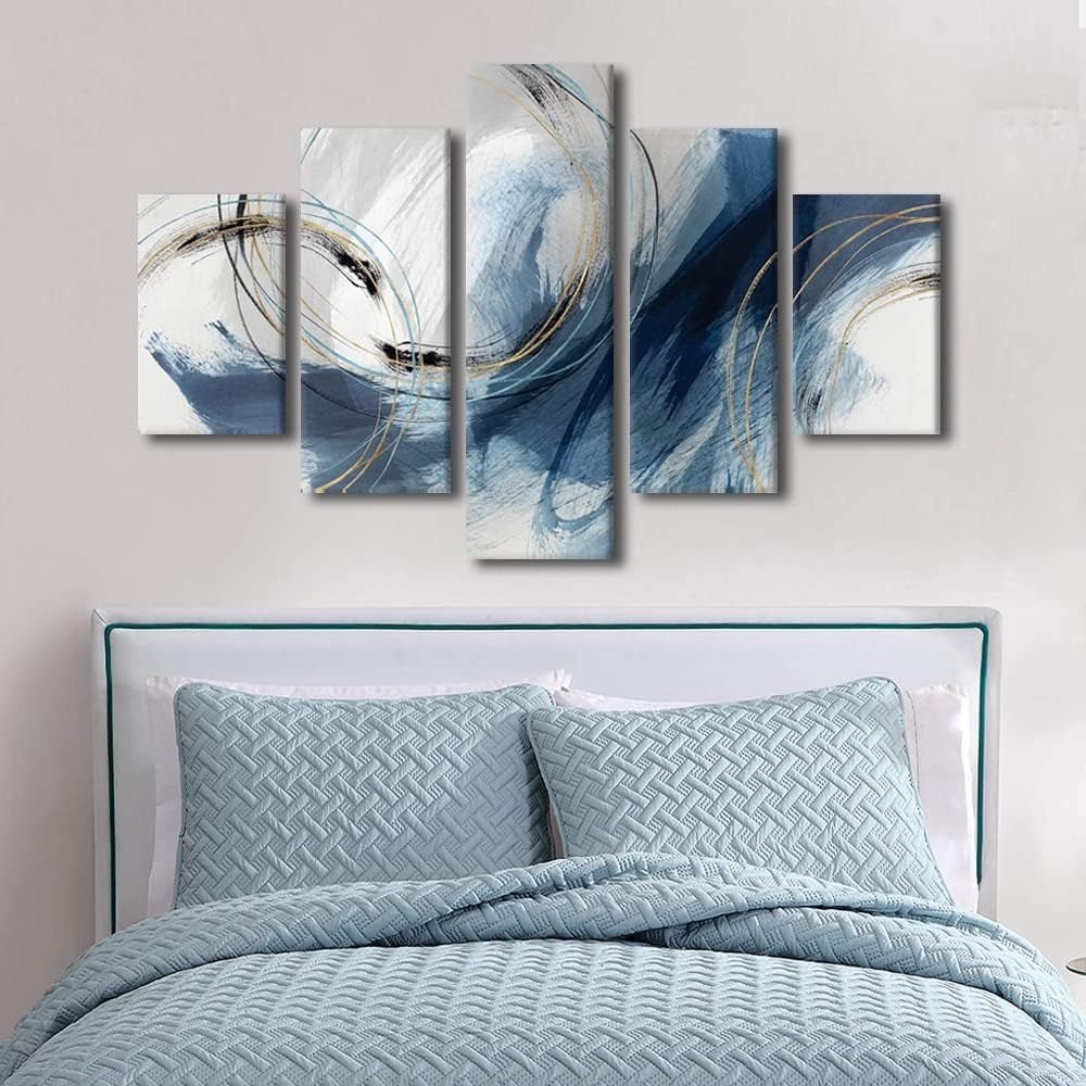 Abstract 5 - Piece Canvas Wall Art 60x40in Modern Indigo Blue Print - Kwikley