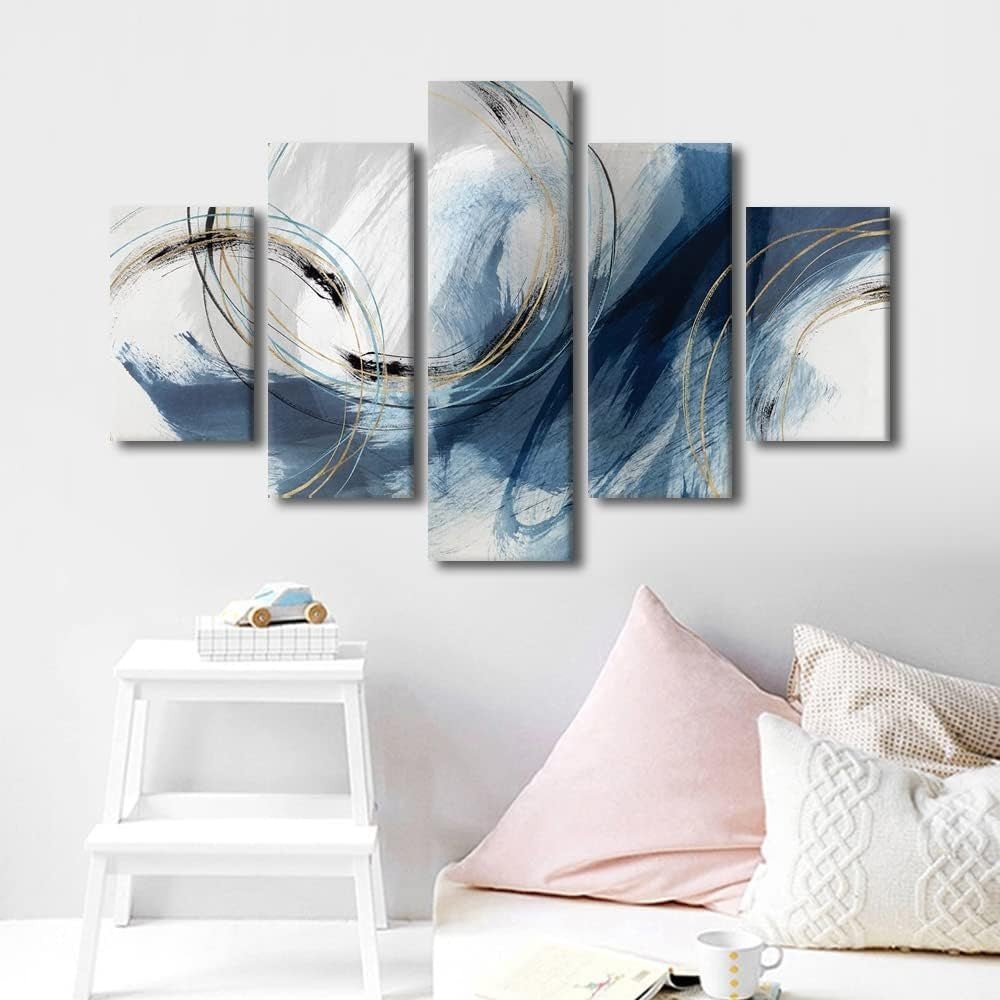 Abstract 5 - Piece Canvas Wall Art 60x40in Modern Indigo Blue Print - Kwikley