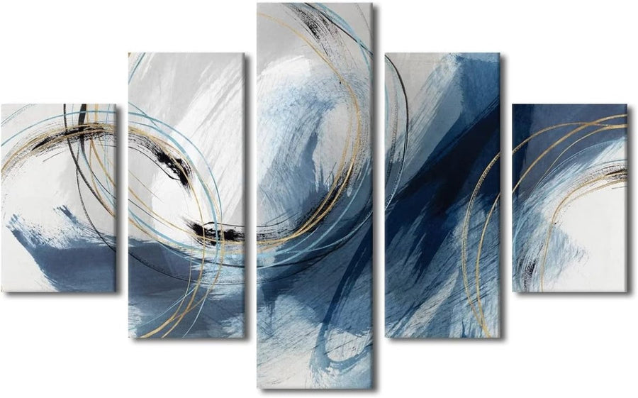 Abstract 5 - Piece Canvas Wall Art 60x40in Modern Indigo Blue Print - Kwikley