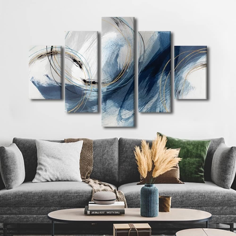 Abstract 5 - Piece Canvas Wall Art 60x40in Modern Indigo Blue Print - Kwikley