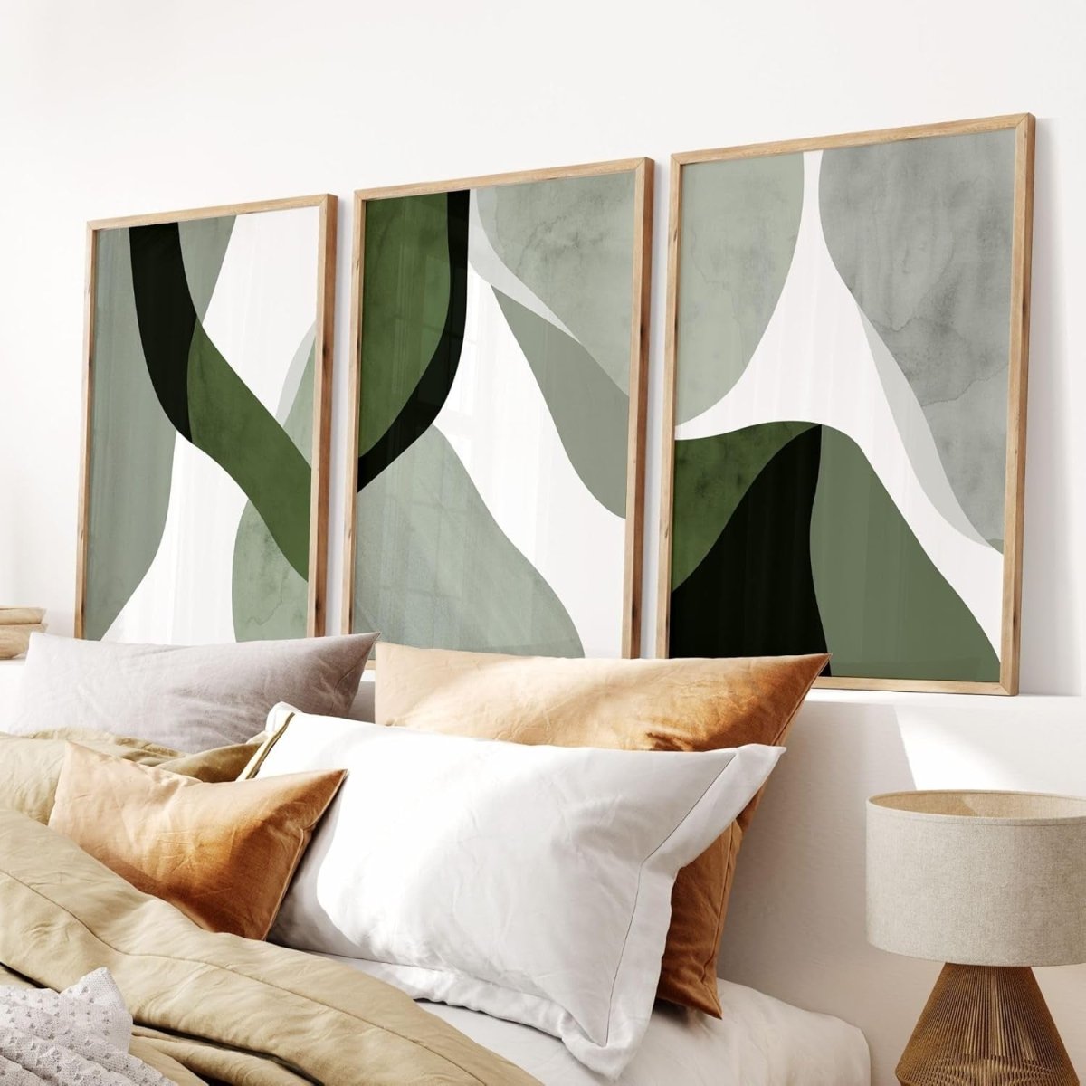 Abstract Sage Green Wall Art Set of 3 Unframed A3 Prints Modern Decor - Kwikley