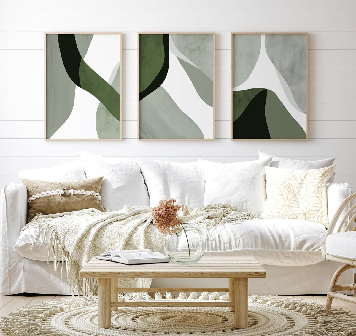 Abstract Sage Green Wall Art Set of 3 Unframed A3 Prints Modern Decor - Kwikley