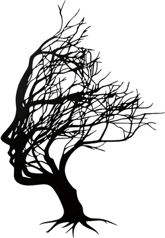 Abstract Tree Face Metal Wall Art Black Modern 30x21cm