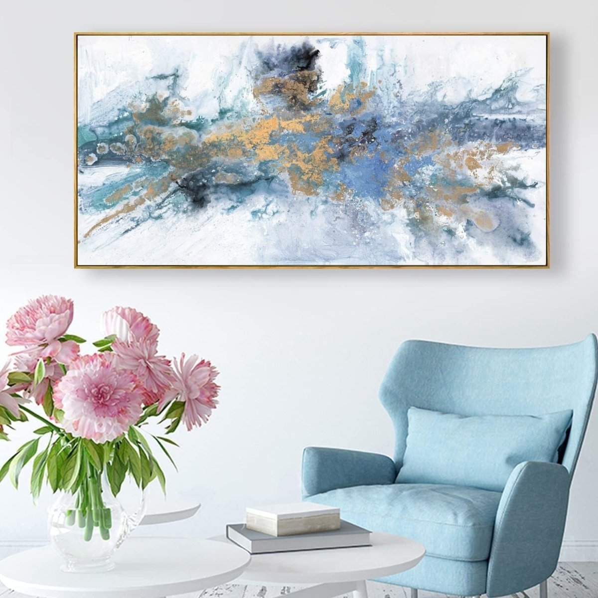 Abstract Wall Art Canvas – Large Navy Blue Modern Wall Decor 48x24in - Kwikley