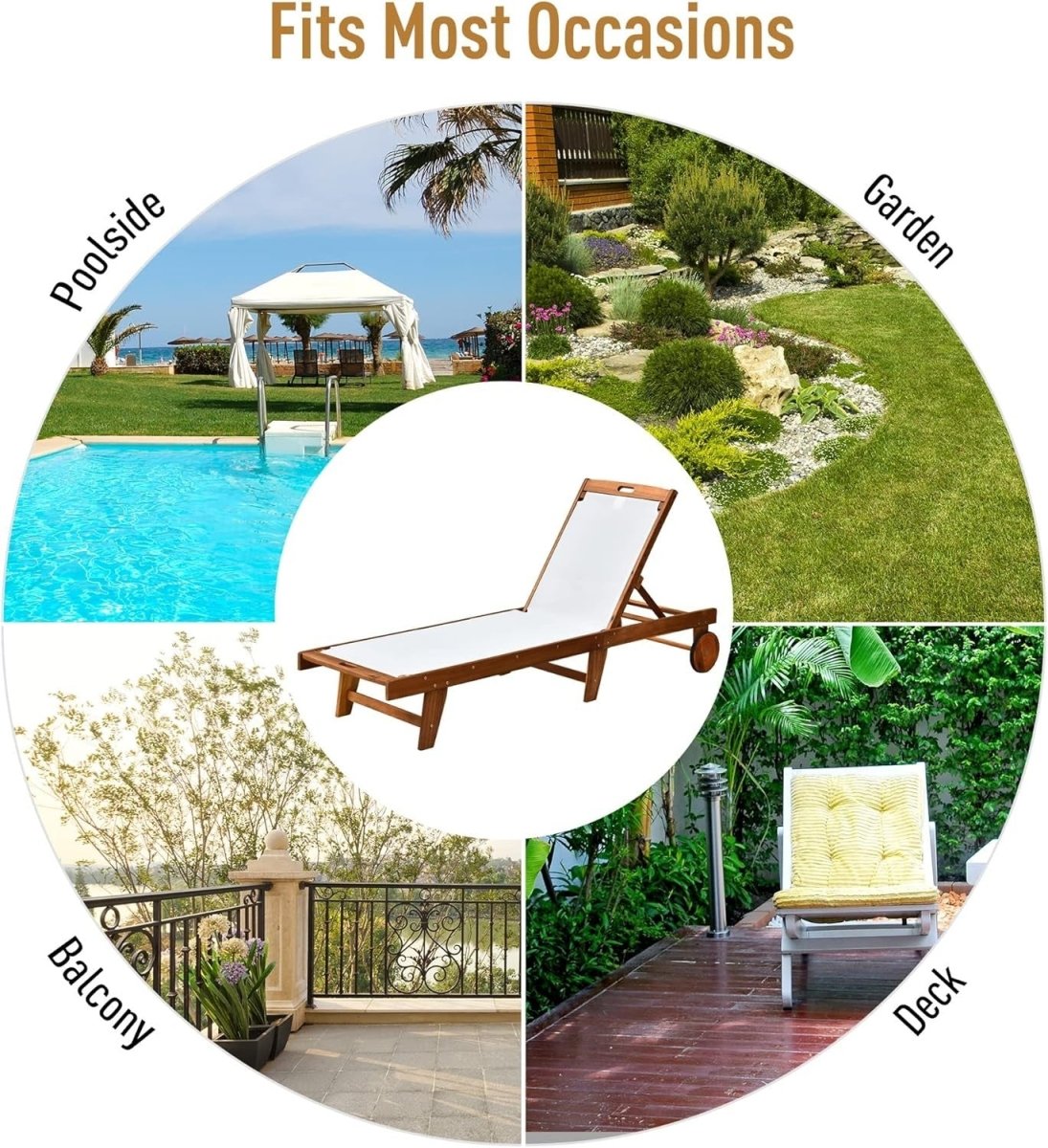 Acacia Wood Sun Lounger Adjustable Garden Recliner with Wheels - Kwikley