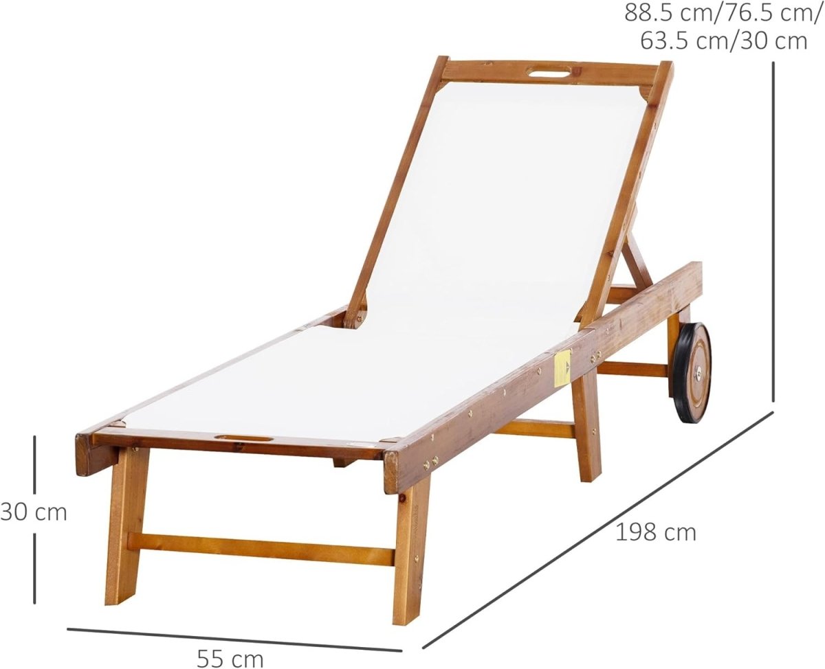 Acacia Wood Sun Lounger Adjustable Garden Recliner with Wheels - Kwikley