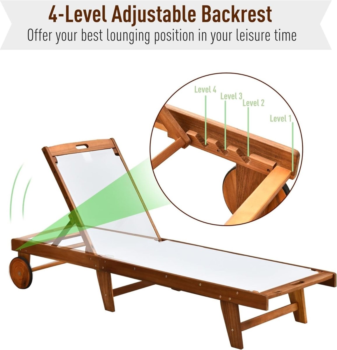 Acacia Wood Sun Lounger Adjustable Garden Recliner with Wheels - Kwikley
