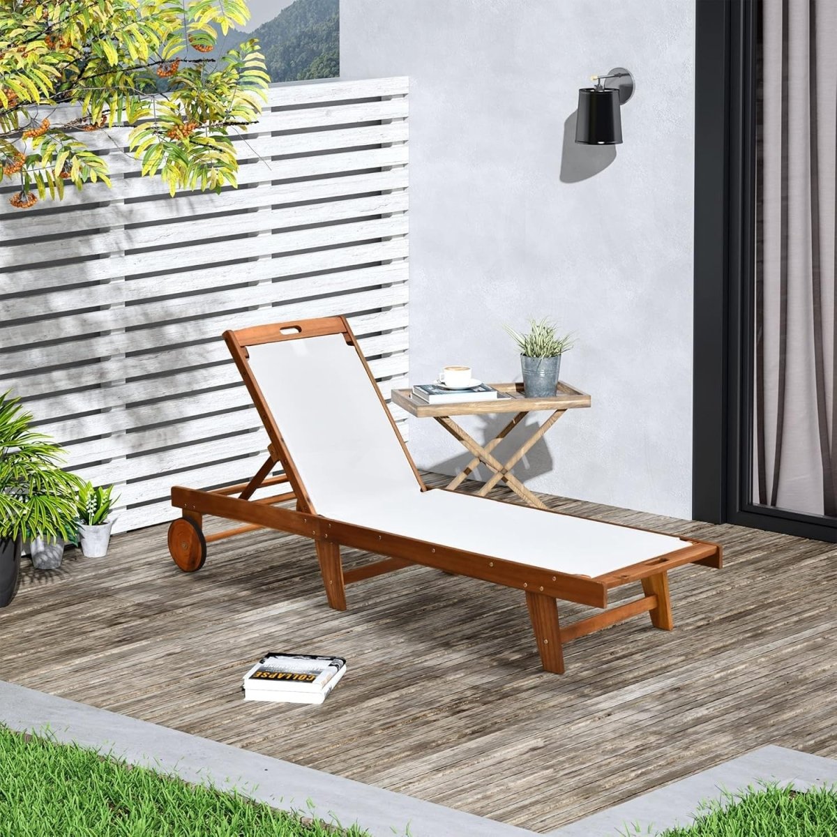 Acacia Wood Sun Lounger Adjustable Garden Recliner with Wheels - Kwikley