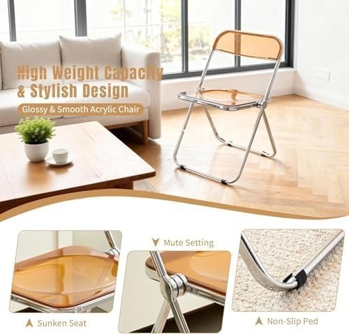 Acrylic Folding Chair Chrome Frame Clear Stackable Plastic Dining Seat Tawny - Kwikley