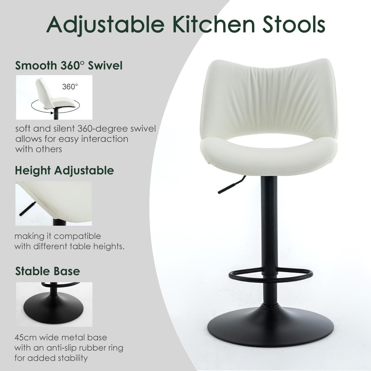 Adjustable Bar Stools 2pcs white PU Leather Swivel Kitchen Counter Chairs - Kwikley
