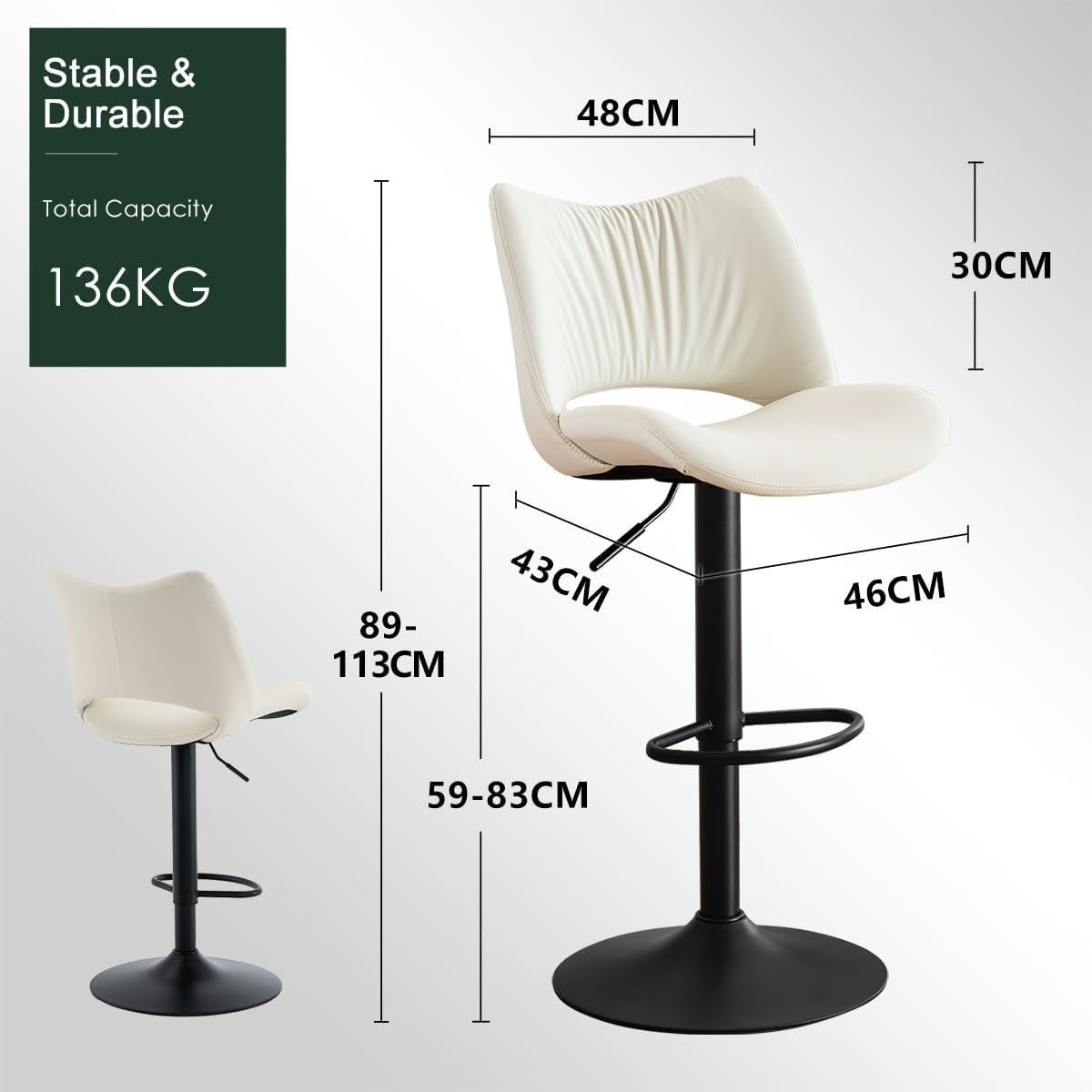 Adjustable Bar Stools 2pcs white PU Leather Swivel Kitchen Counter Chairs - Kwikley