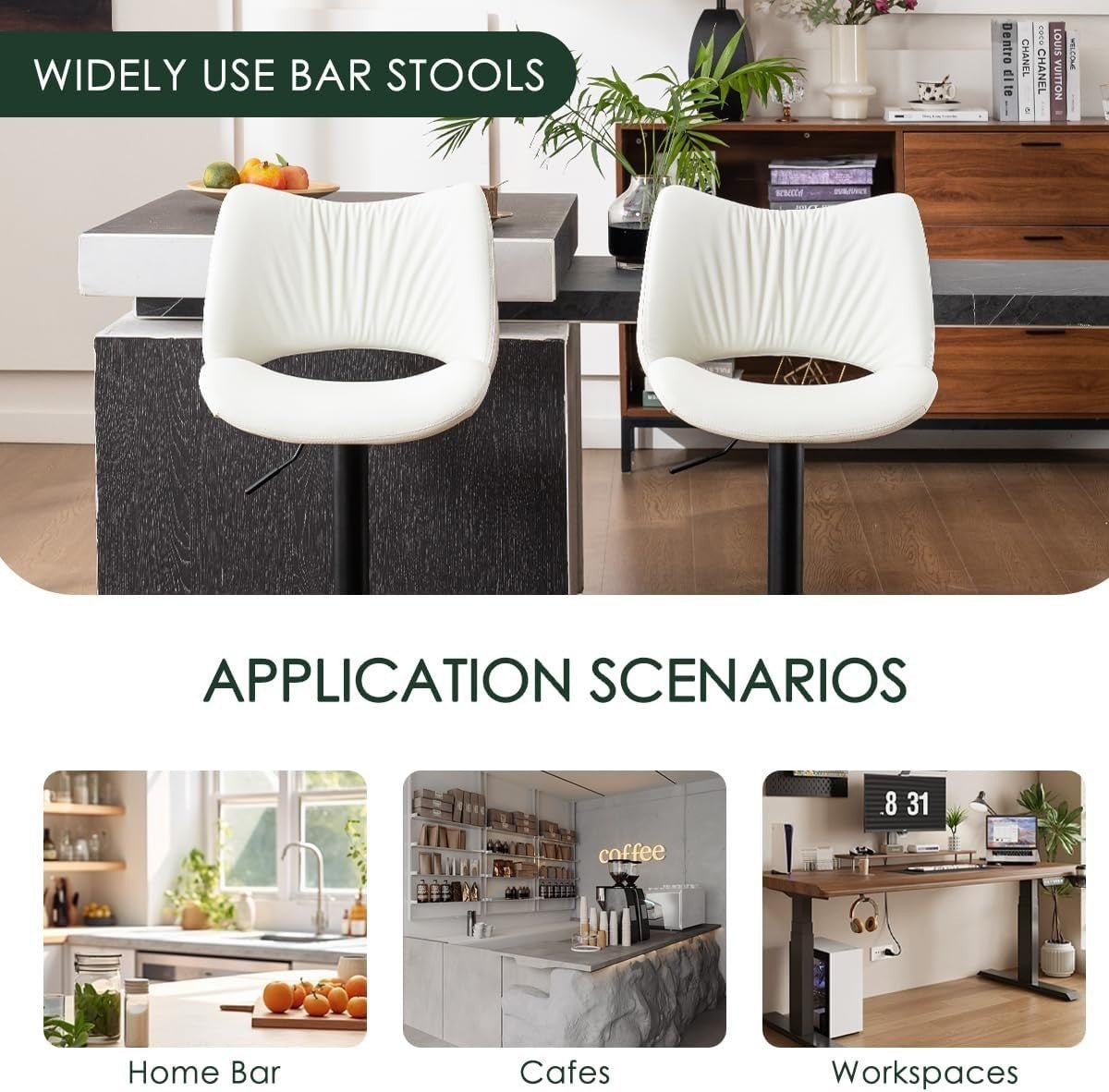 Adjustable Bar Stools 2pcs white PU Leather Swivel Kitchen Counter Chairs - Kwikley