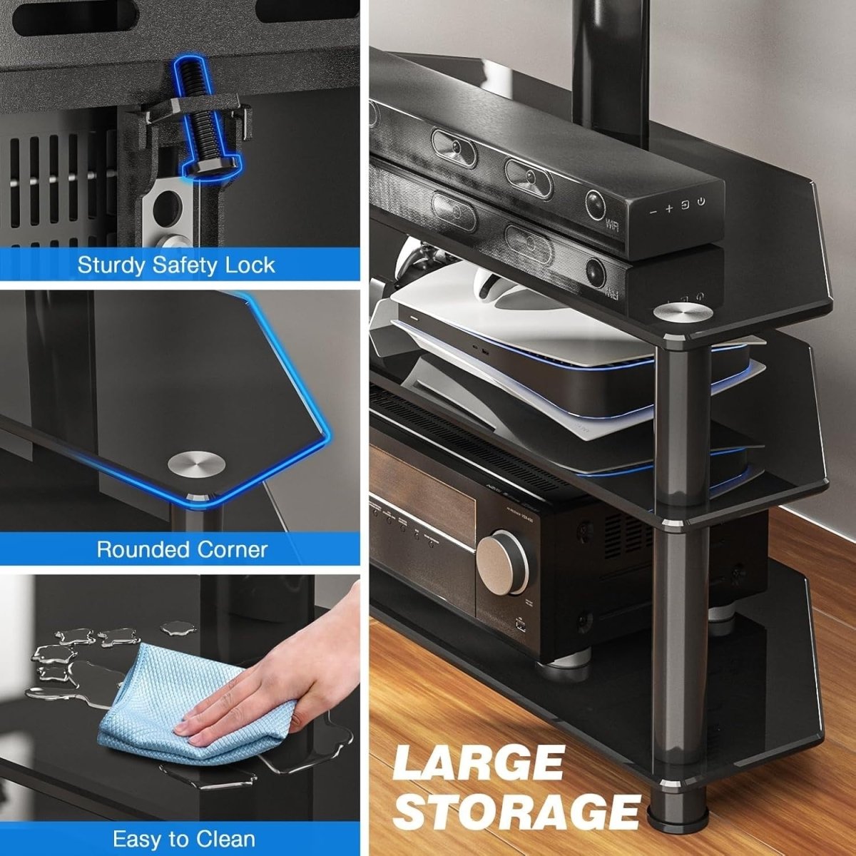 Adjustable Corner TV Stand for 32-70" TVs | Swivel, Tempered Glass Shelves - Kwikley