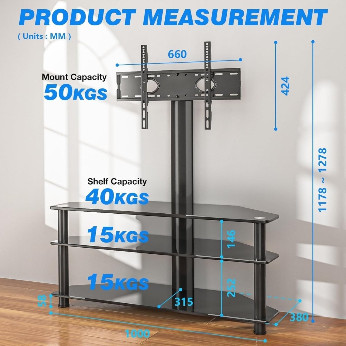 Adjustable Corner TV Stand for 32-70" TVs | Swivel, Tempered Glass Shelves - Kwikley