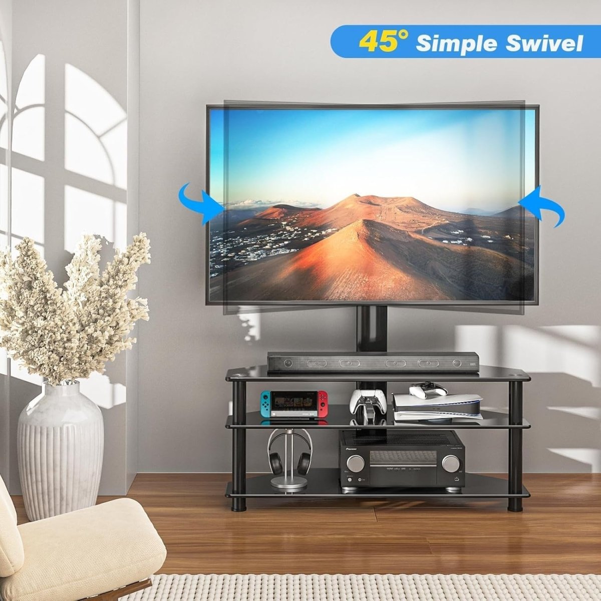 Adjustable Corner TV Stand for 32-70" TVs | Swivel, Tempered Glass Shelves - Kwikley