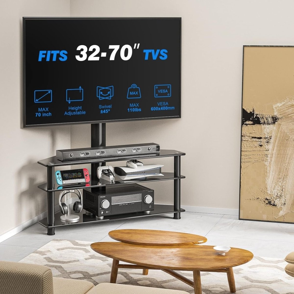 Adjustable Corner TV Stand for 32-70" TVs | Swivel, Tempered Glass Shelves - Kwikley