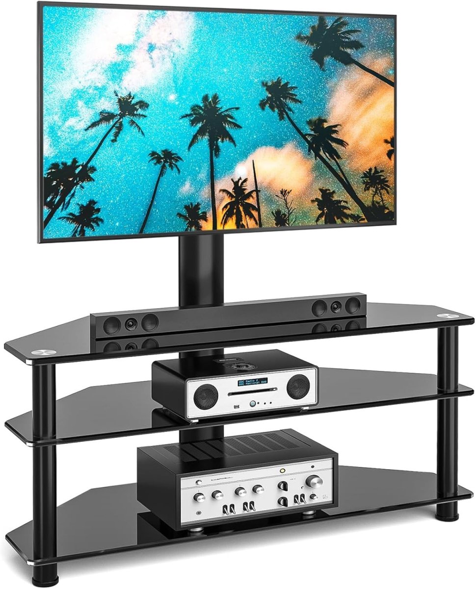 Adjustable Corner TV Stand for 32-70" TVs | Swivel, Tempered Glass Shelves - Kwikley