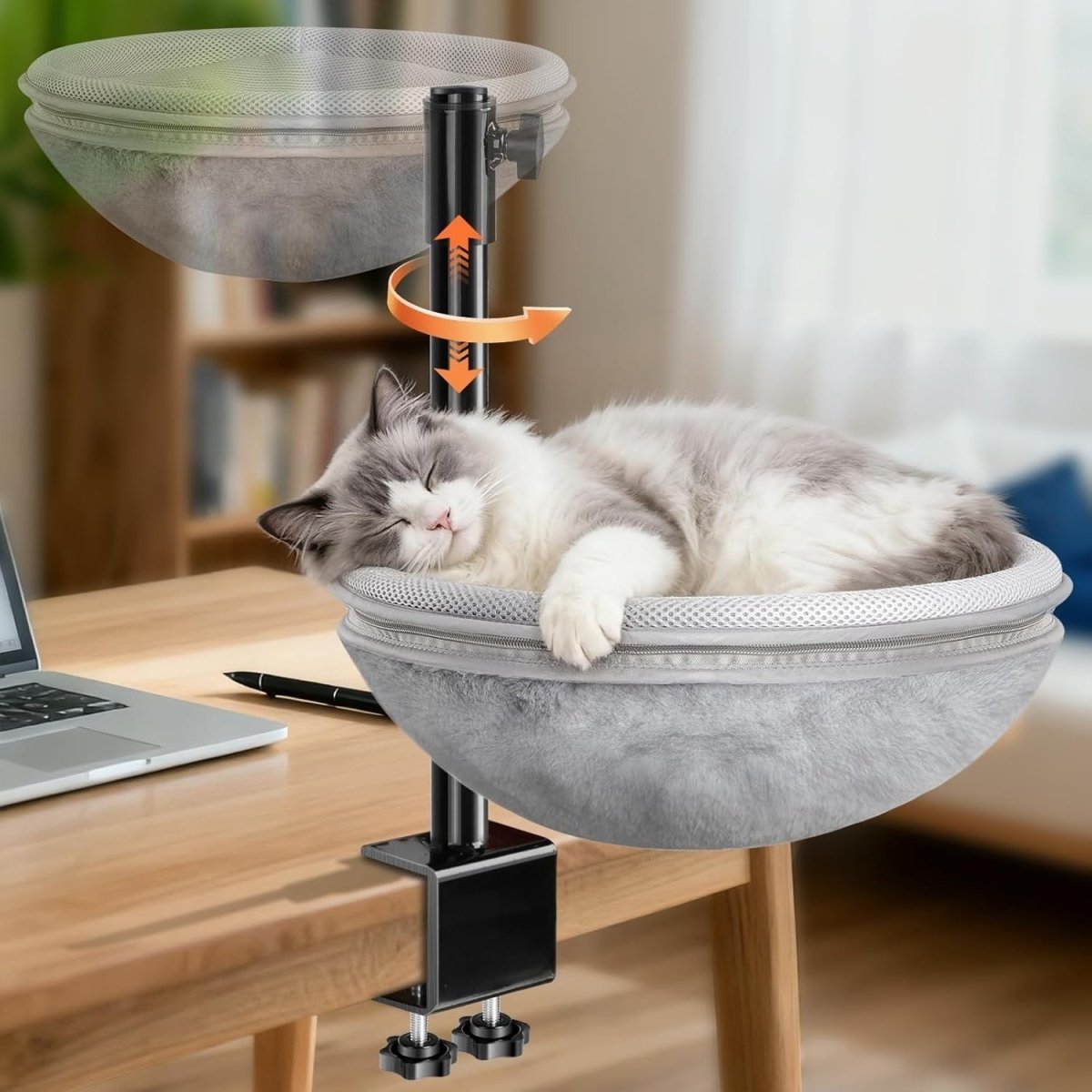 Adjustable Desk Cat Bed Rotating Cat Hammock Window Perch Grey - Kwikley