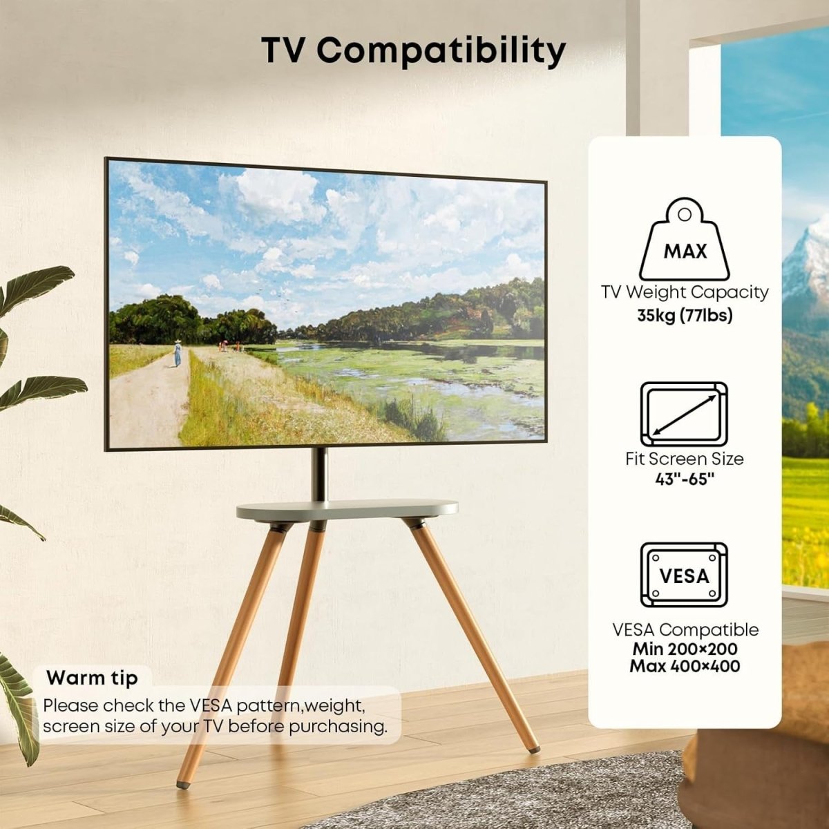 Adjustable Easel TV Stand 43-65” Swivel Solid Wood Base Max 77lbs VESA 400x400 - Kwikley