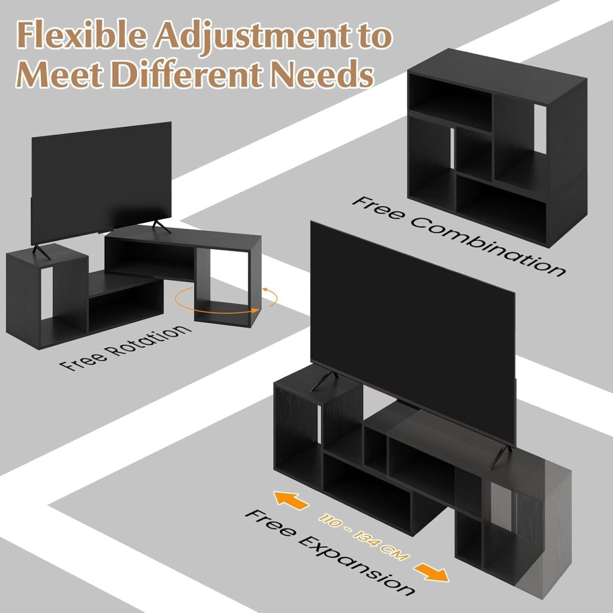 Adjustable L-Shaped TV Stand for 60" TVs | Modular Storage Media Console - Kwikley