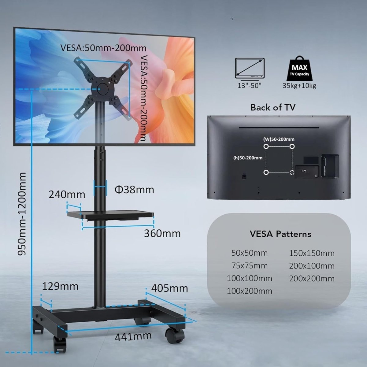 Adjustable Mobile TV Stand 13-50" with Tilt Swivel, Shelf & Wheels - Kwikley