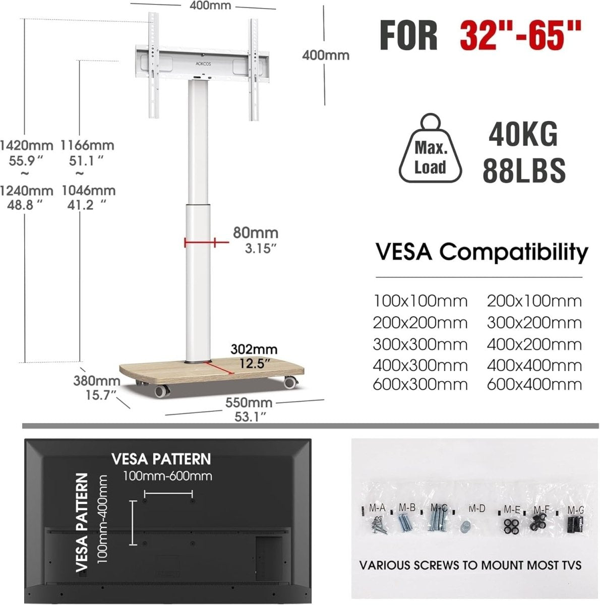 Adjustable Mobile TV Stand with Lockable Wheels for 32-65" TVs up to 40kg - Kwikley