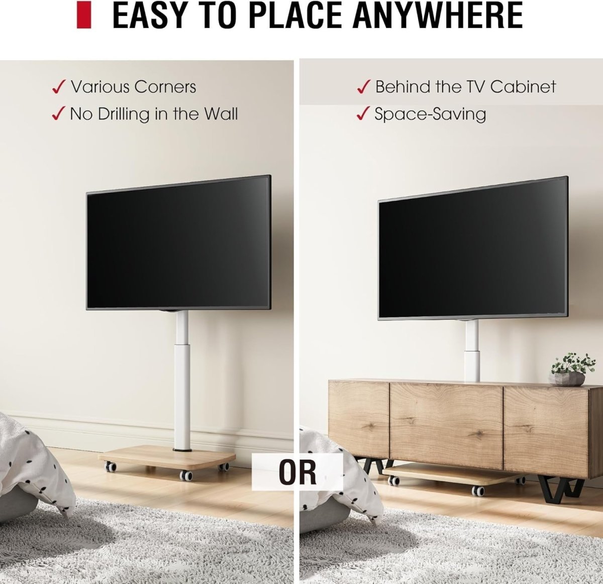 Adjustable Mobile TV Stand with Lockable Wheels for 32-65" TVs up to 40kg - Kwikley