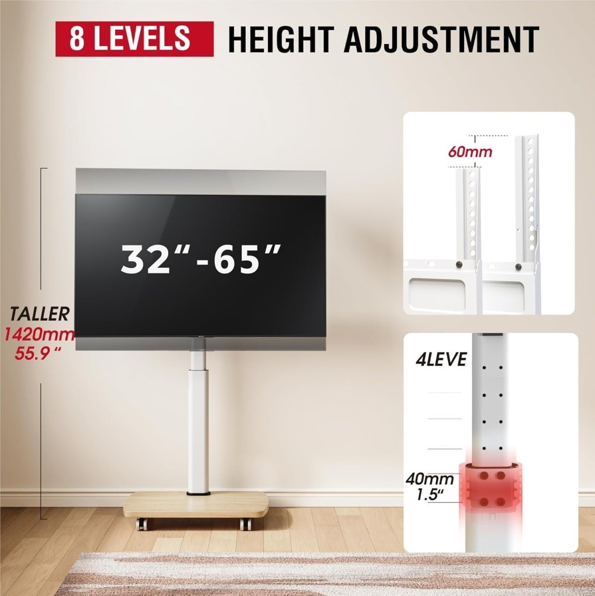 Adjustable Mobile TV Stand with Lockable Wheels for 32-65" TVs up to 40kg - Kwikley