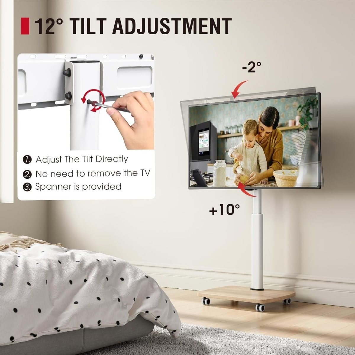 Adjustable Mobile TV Stand with Lockable Wheels for 32-65" TVs up to 40kg - Kwikley