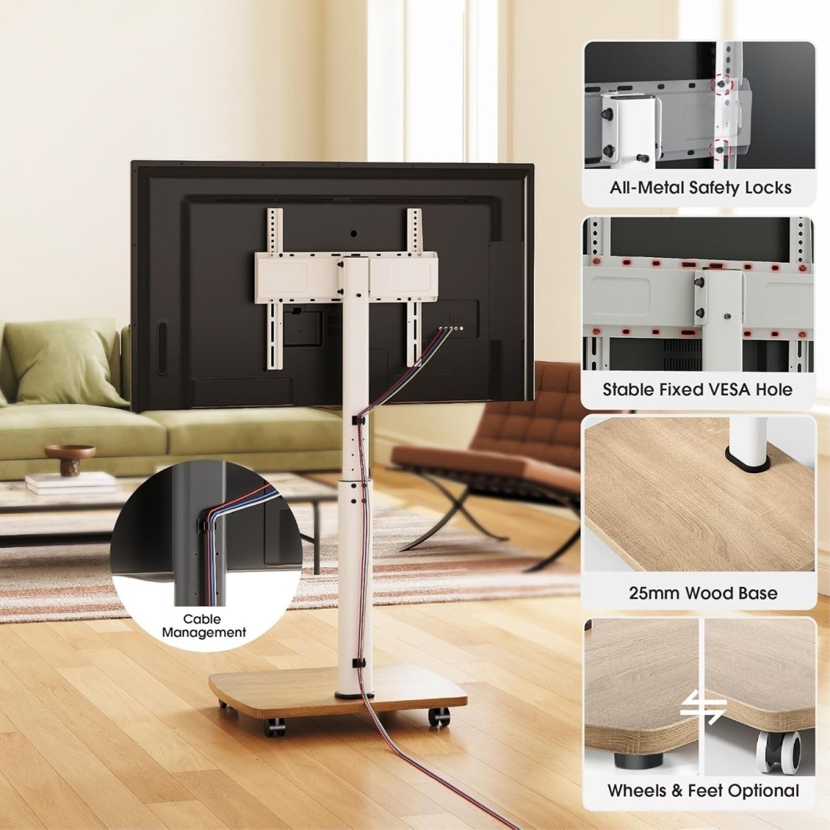 Adjustable Mobile TV Stand with Lockable Wheels for 32-65" TVs up to 40kg - Kwikley