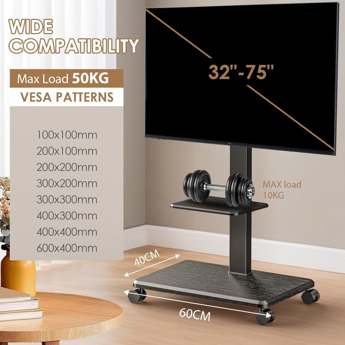 Adjustable Mobile TV Stand with Swivel & Tilt | Fits 32-75" Screens | Portable - Kwikley