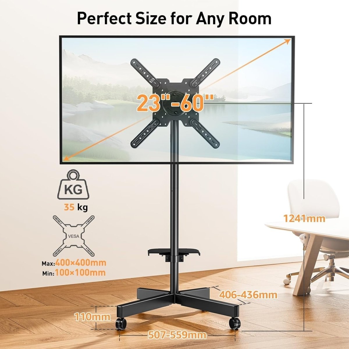Adjustable Mobile TV Stand with Tilt, Swivel & Media Shelf for 23-60" TVs - Kwikley
