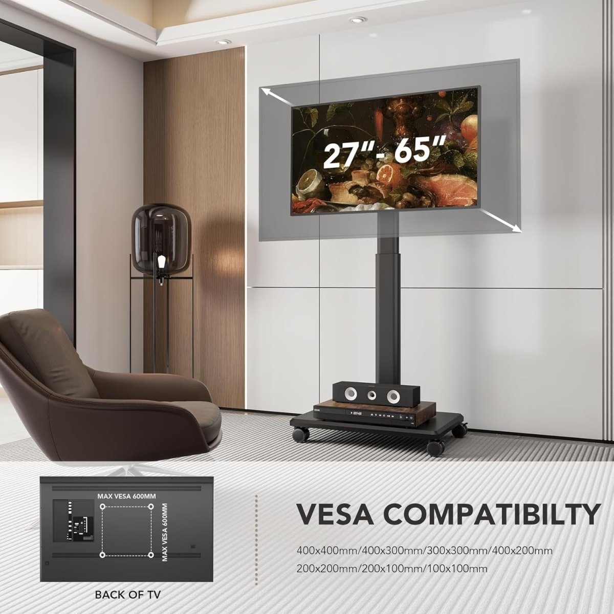 Adjustable Rolling Floor TV Stand 27-65" Swivel Mobile Mount with Wheels - Kwikley