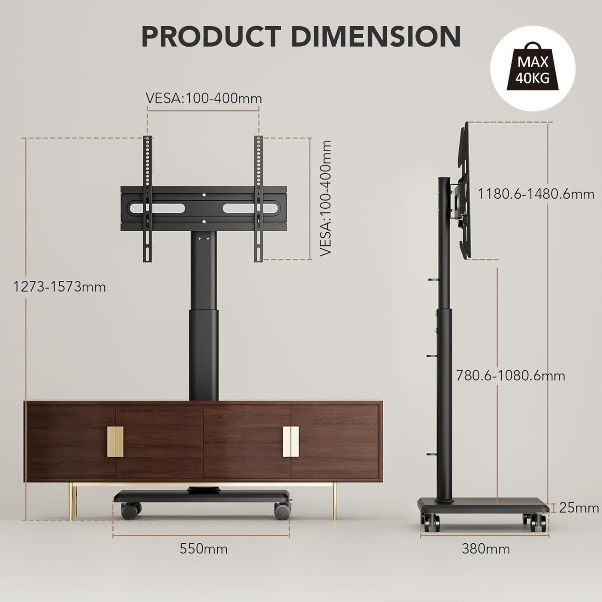 Adjustable Rolling Floor TV Stand 27-65" Swivel Mobile Mount with Wheels - Kwikley