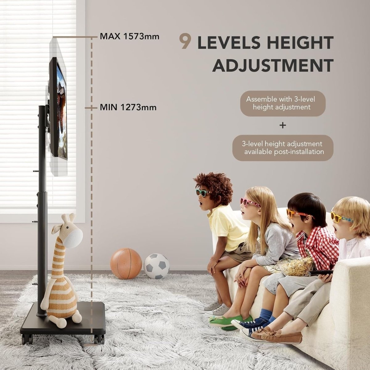 Adjustable Rolling Floor TV Stand 27-65" Swivel Mobile Mount with Wheels - Kwikley