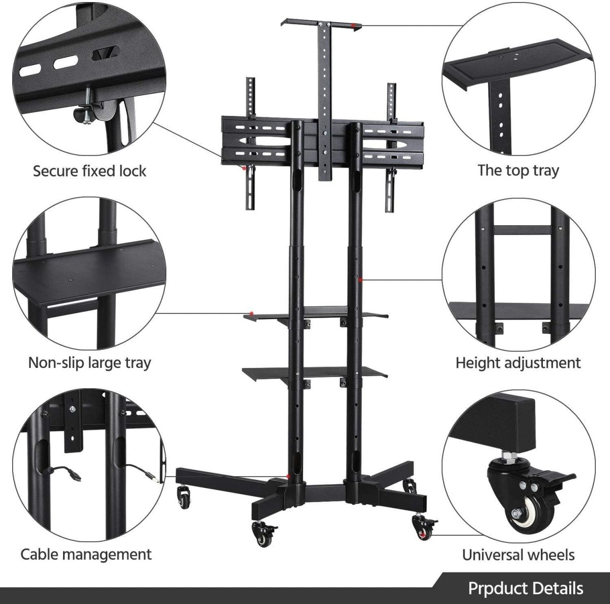 Adjustable Rolling TV Stand 32-75" with Storage Shelves & Lockable Wheels - Kwikley