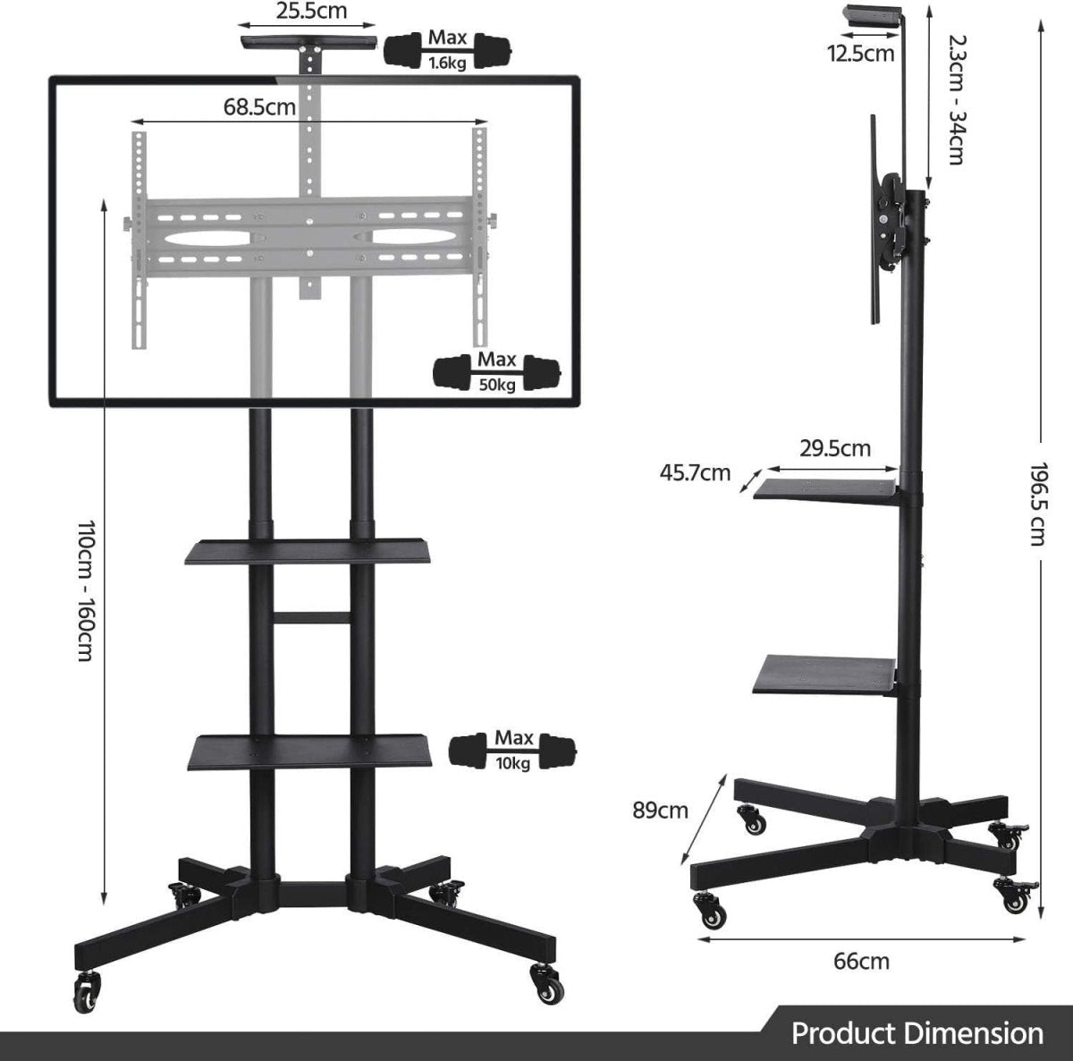 Adjustable Rolling TV Stand 32-75" with Storage Shelves & Lockable Wheels - Kwikley