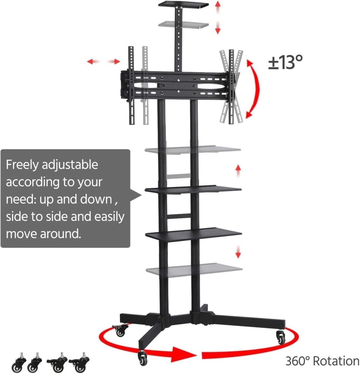 Adjustable Rolling TV Stand 32-75" with Storage Shelves & Lockable Wheels - Kwikley