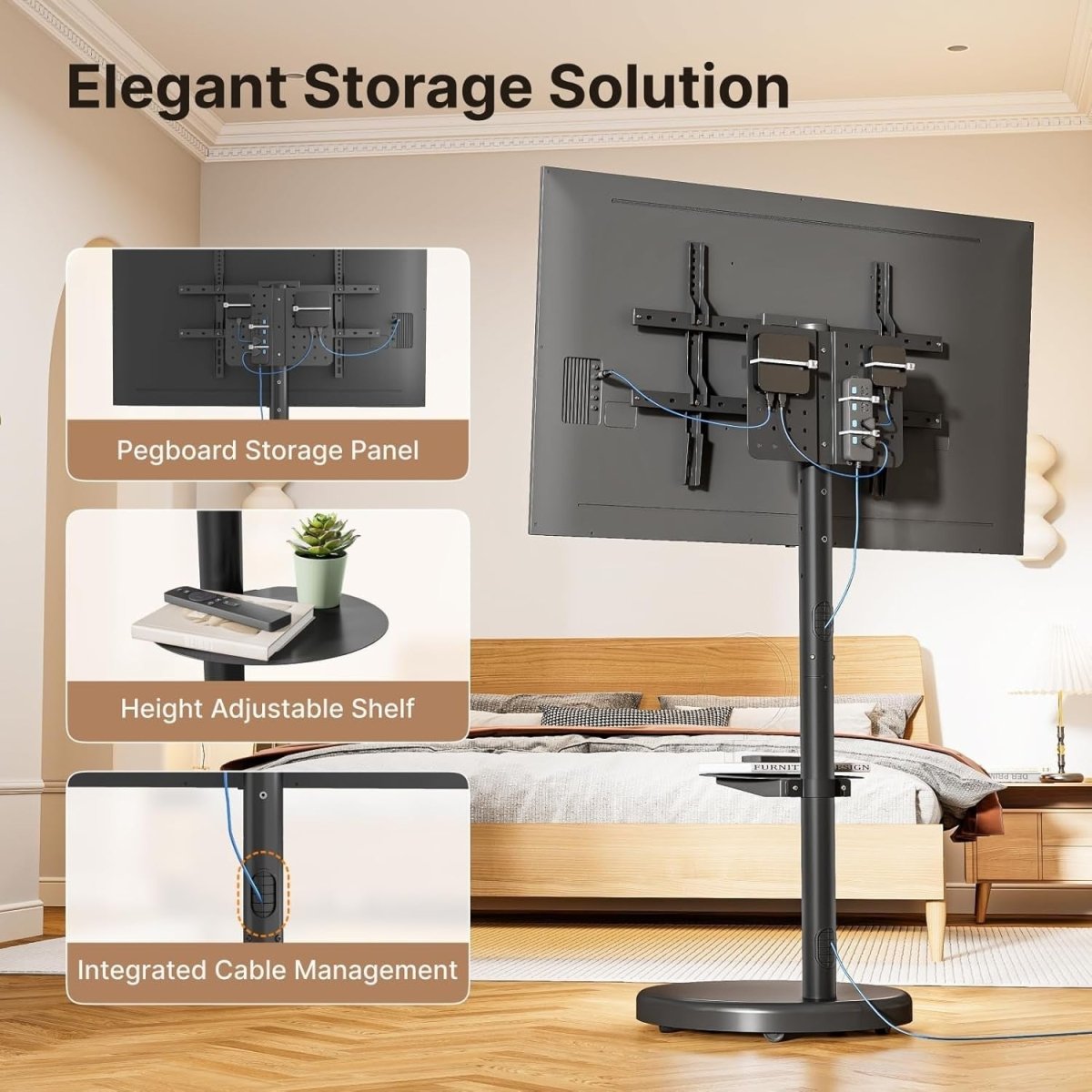 Adjustable Rolling TV Stand 37-86" Tilt Swivel Mobile Cart with Shelf & Storage - Kwikley