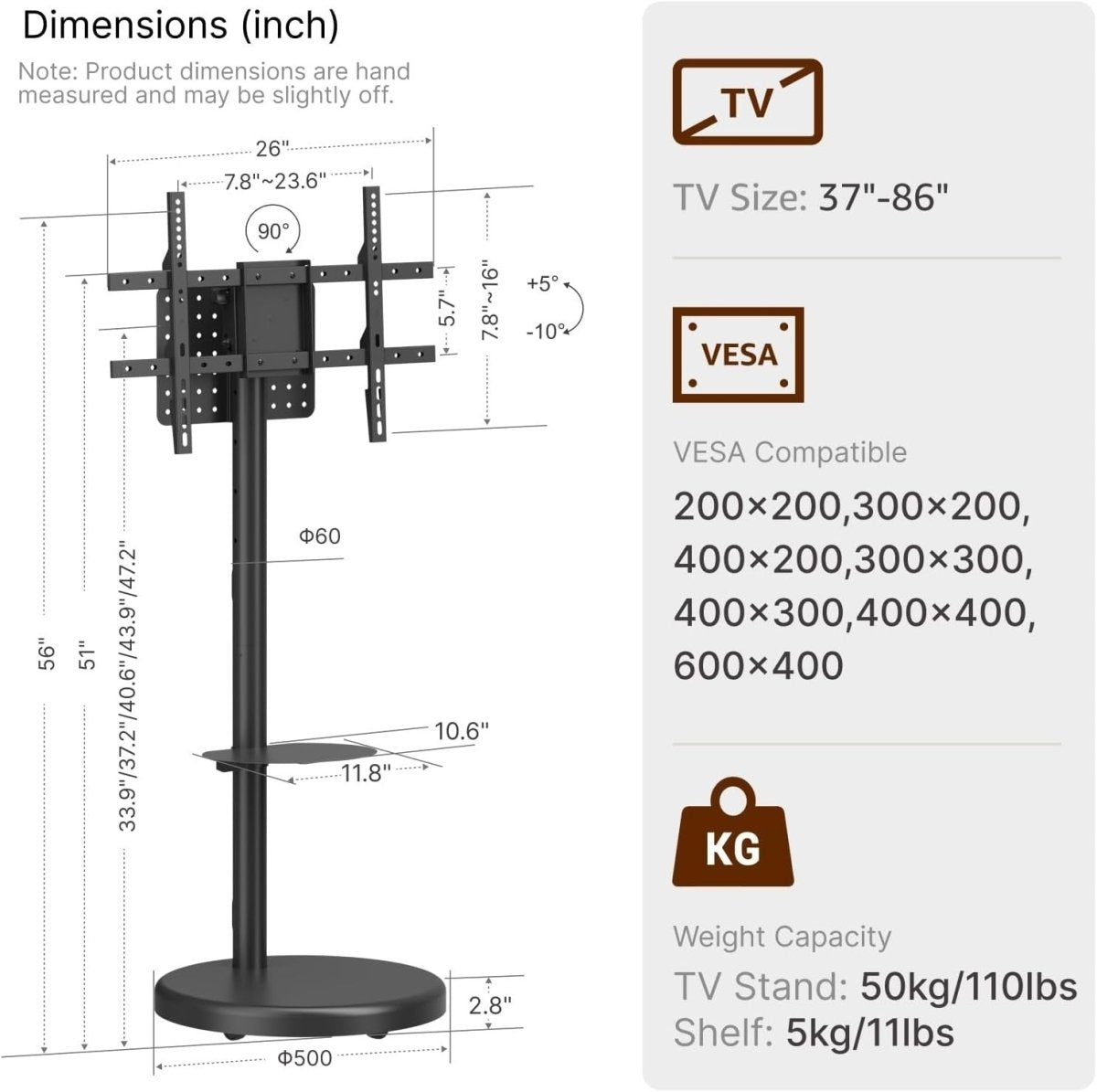 Adjustable Rolling TV Stand 37-86" Tilt Swivel Mobile Cart with Shelf & Storage - Kwikley