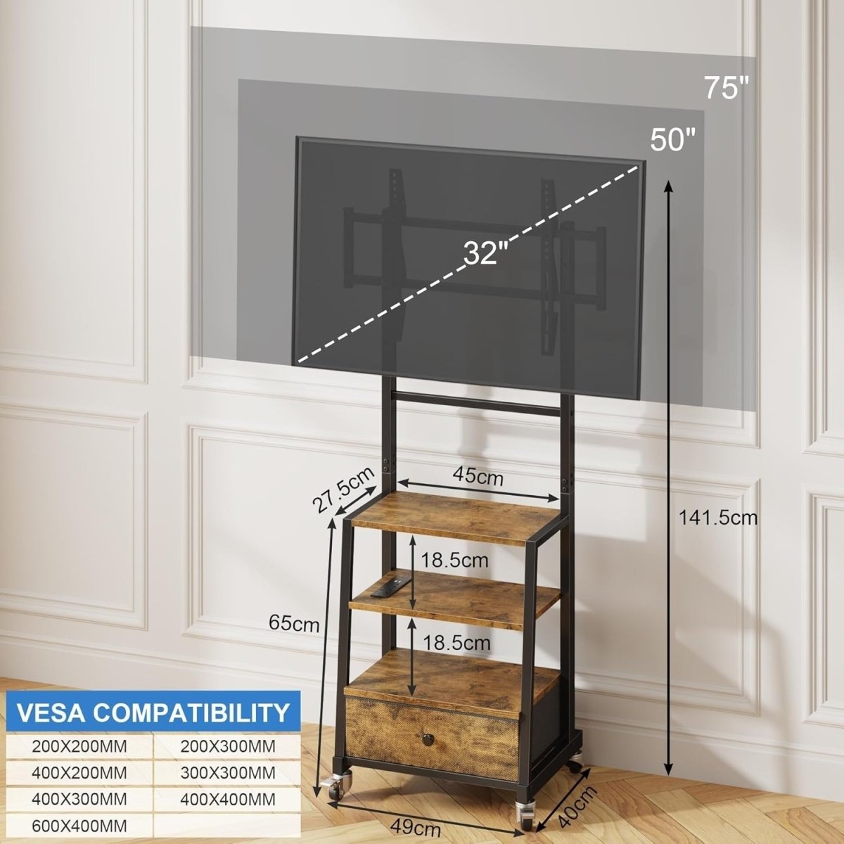 Adjustable Rolling TV Stand with Mount, Drawer Storage & Power Outlets L - Kwikley