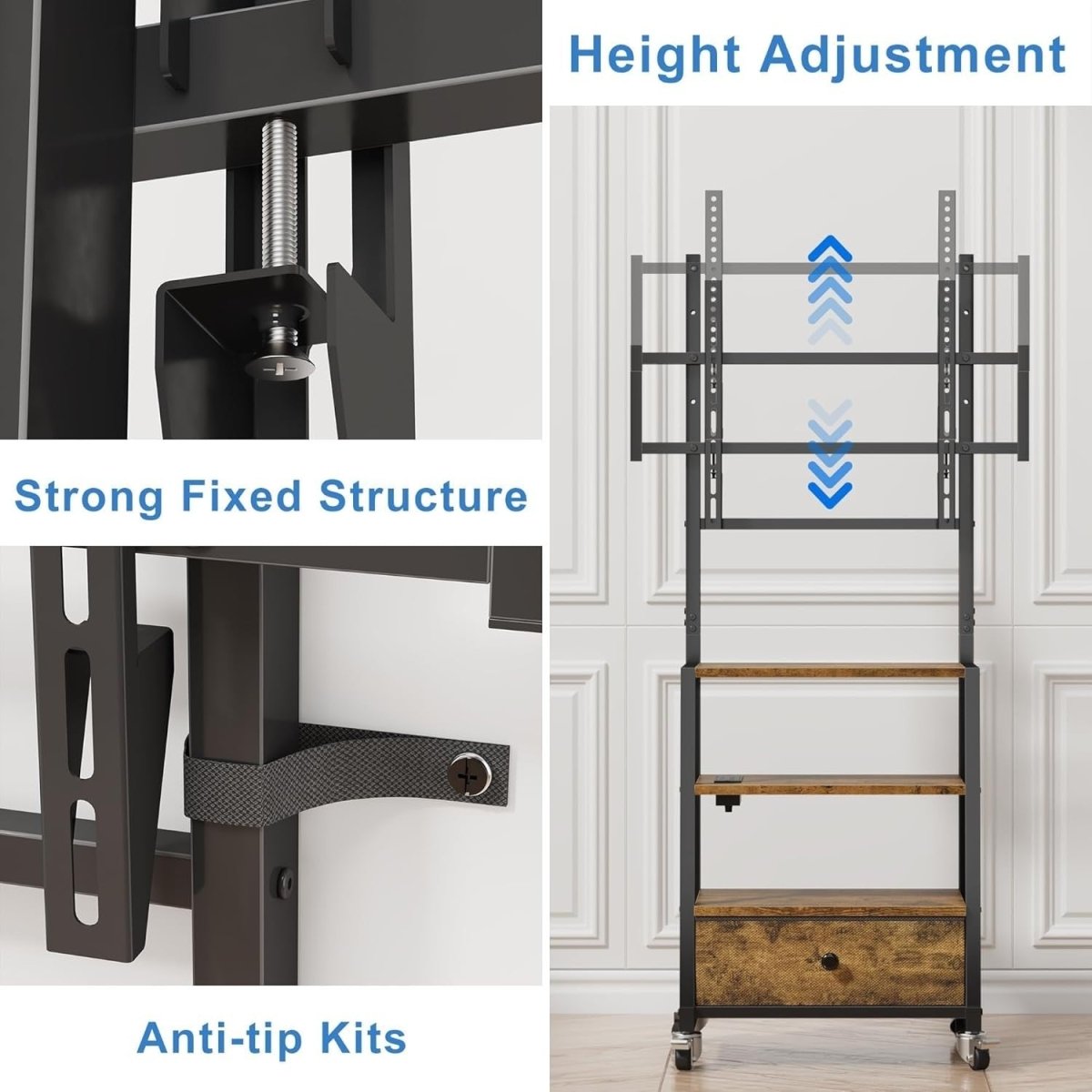 Adjustable Rolling TV Stand with Mount, Drawer Storage & Power Outlets L - Kwikley